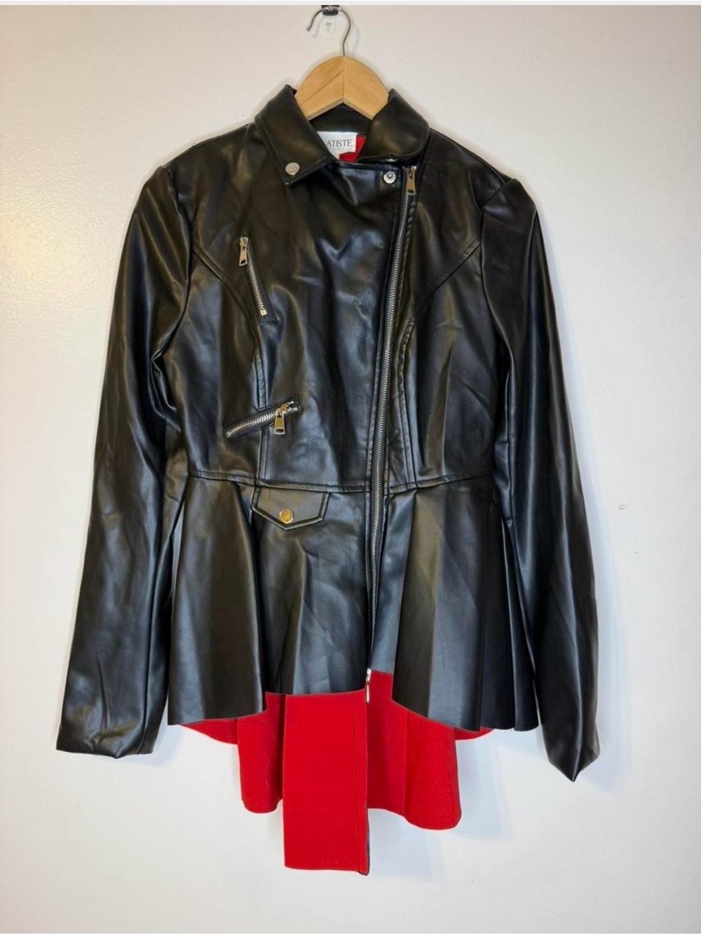 L'ATISTE Black Faux Leather Peplum Jacket with Red Lining